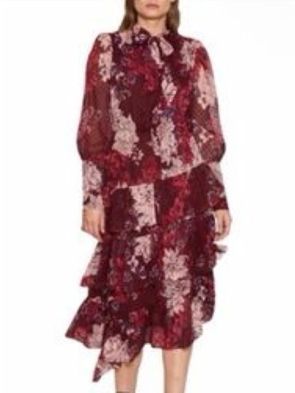 WALTER BAKER Burgundy Floral Long Sleeve Tiered Midi Dress Flowy Boho Party 10